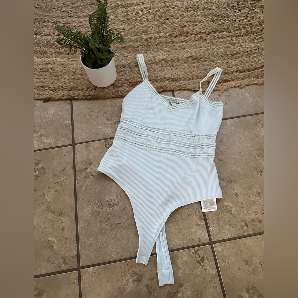 3/$30 Light Blue Ribbed Tank Bodysuit with Lace Trim